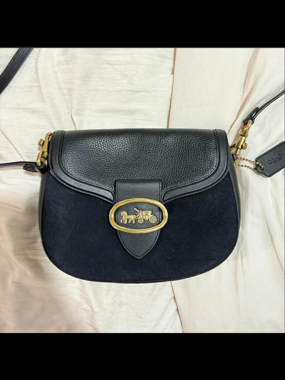 Coach Black Suede and Leather Saddle Crossbody with Gold Hardware
